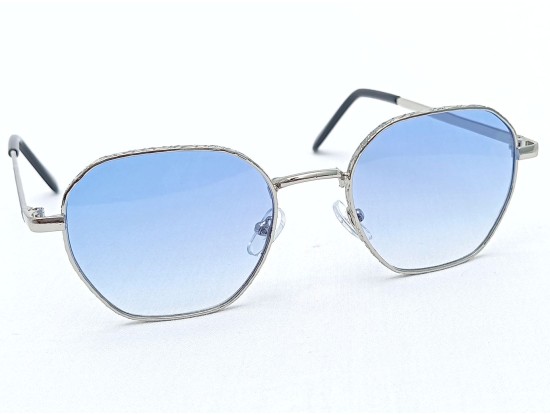 Power Sunglasses Silver Hexagon Blue Gradient Lenses